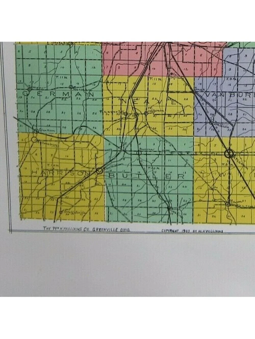 Antique 1908 Darke County Ohio Map, LARGE Railroad & Township Color Map 27x22 A